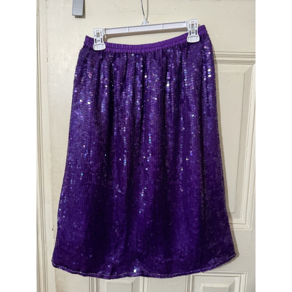 Vintage Purple Sequin Midi Skirt Silk Rayon Lined Elastic Waist XL Sparkly